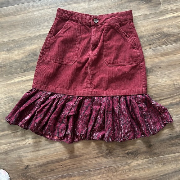 Denim&Co Burgundy Corduroy Mini Skirt with Ruffle Hem - Picture 1 of 3